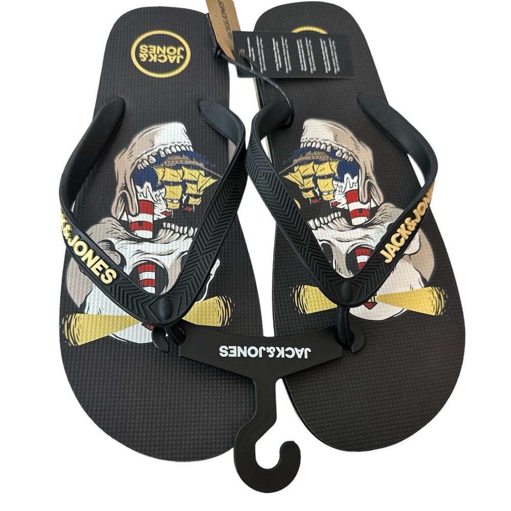 JACK & JONES Mens Logo Flip Flops Sandals Black Summer Beach Shoes Size 11/12New